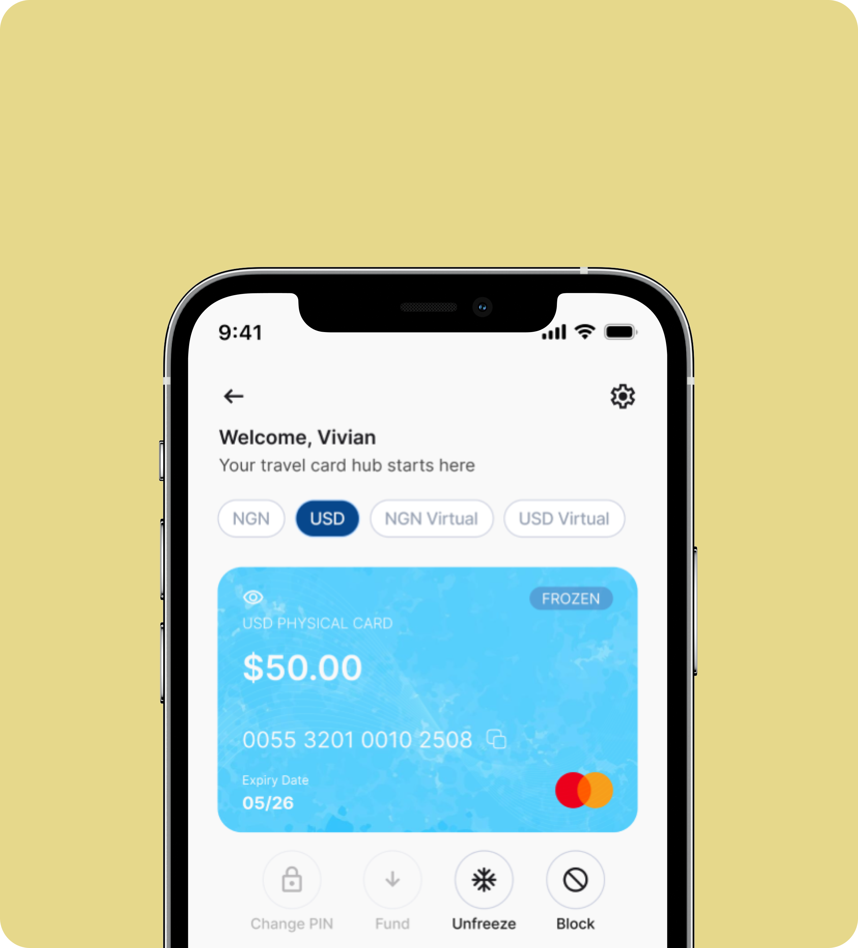 Kalabash app showing card freeze controls