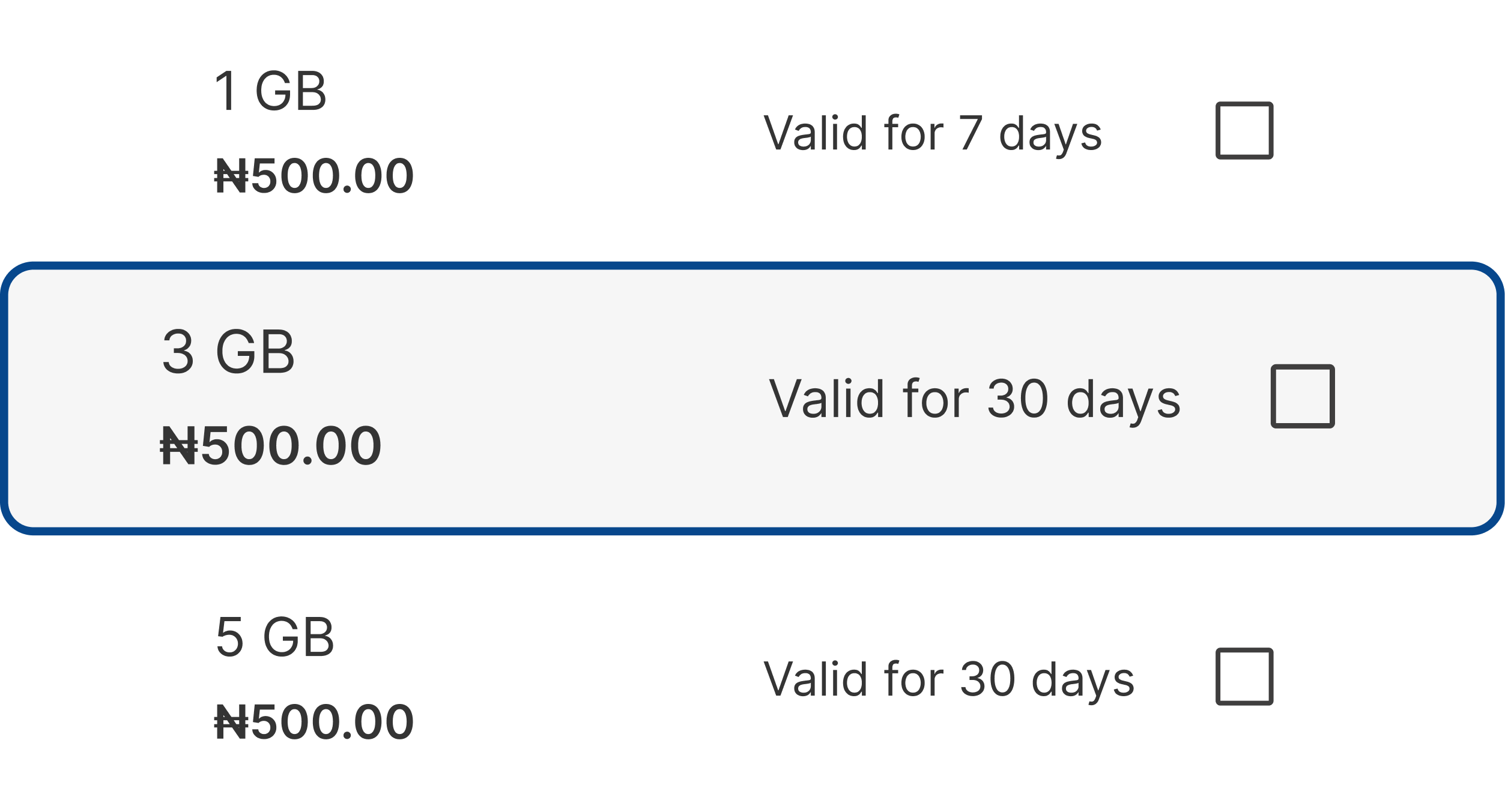 List of available data plans with pricing
