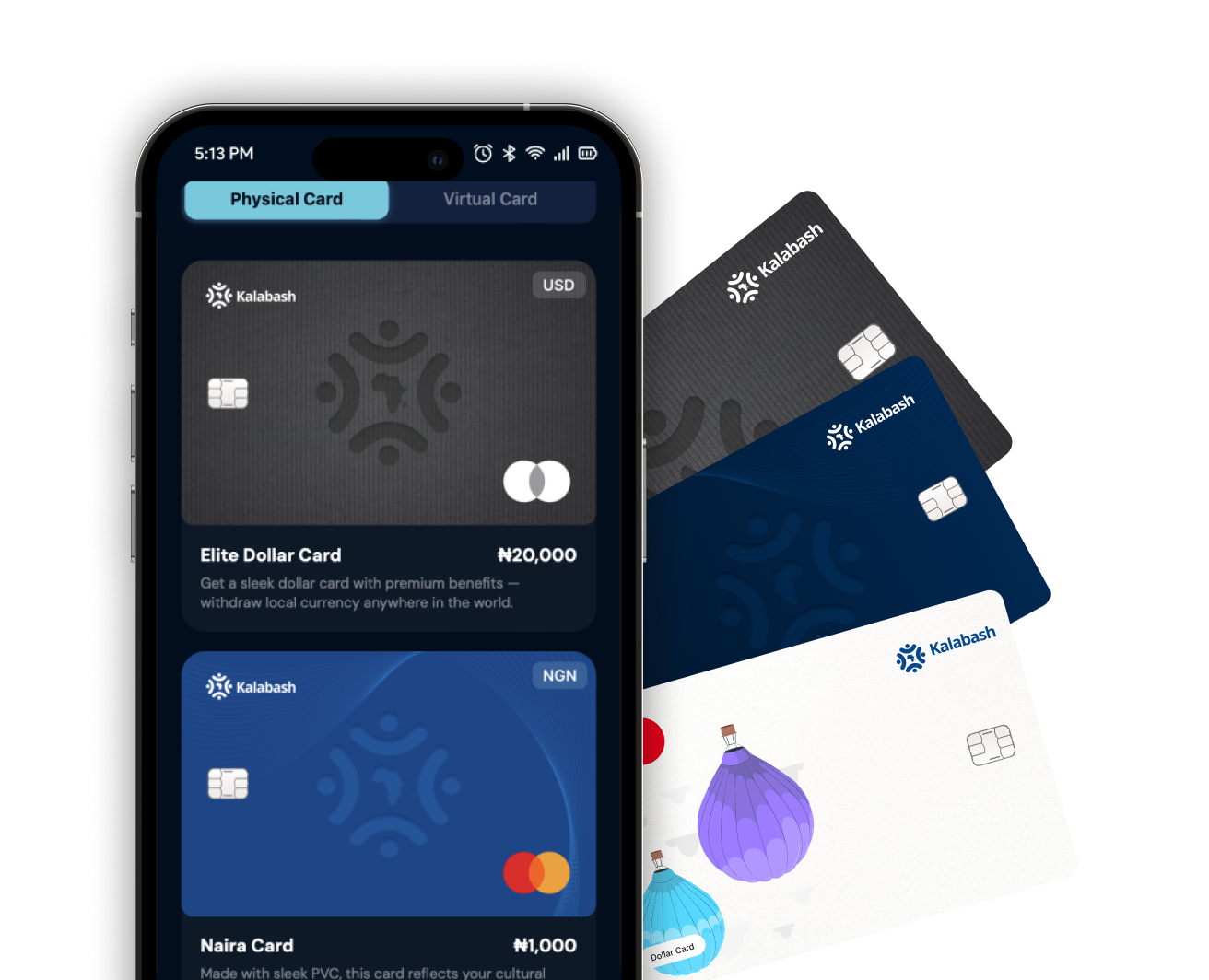 Kalabash app on a phone with Kalabash travel cards