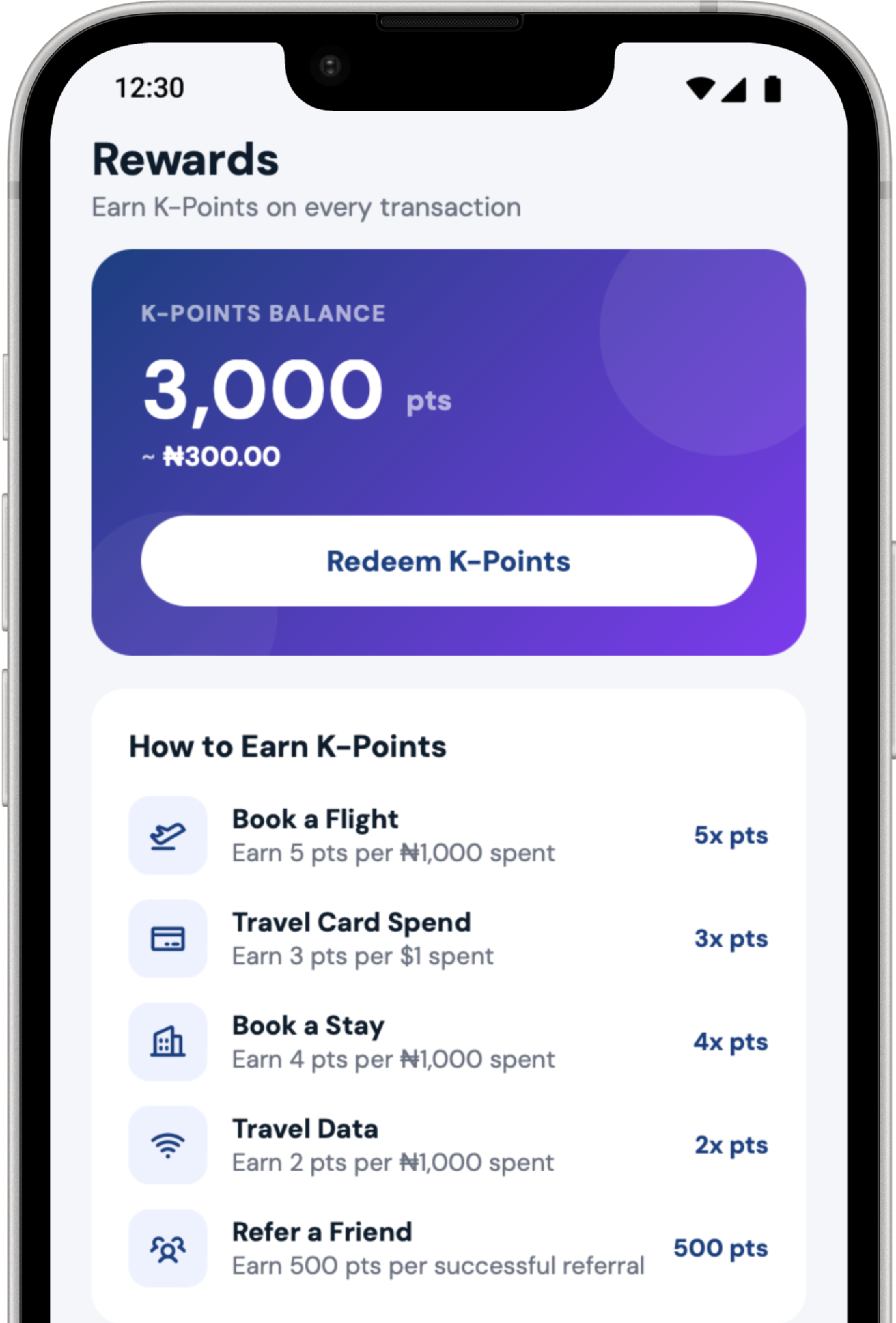 Kalabash app on a phone showing rewards and card activity
